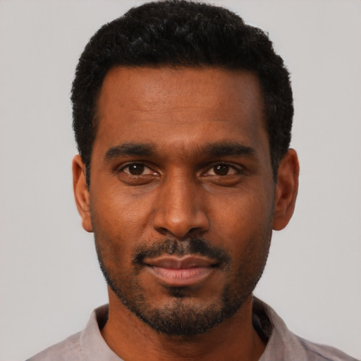 Neutral black young-adult male with short  black hair and brown eyes