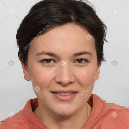 Joyful white young-adult female with short  brown hair and brown eyes