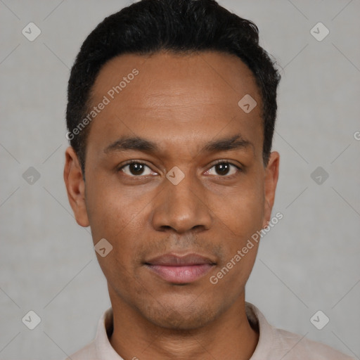 Neutral latino young-adult male with short  black hair and brown eyes