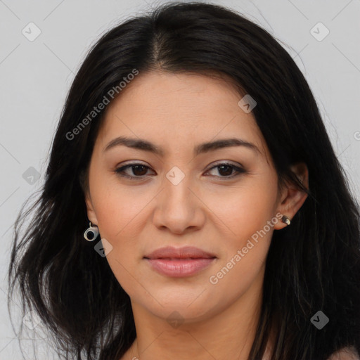 Joyful asian young-adult female with long  brown hair and brown eyes