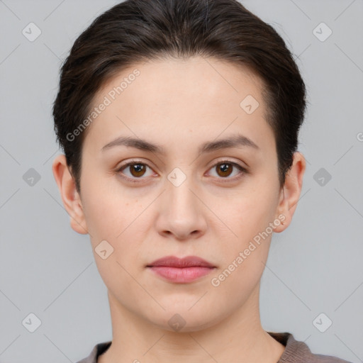 Neutral white young-adult female with short  brown hair and brown eyes