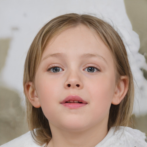 Neutral white child female with medium  brown hair and blue eyes