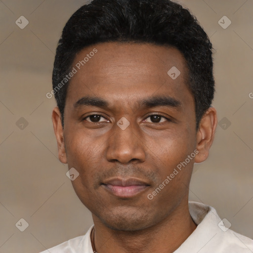 Neutral latino young-adult male with short  black hair and brown eyes