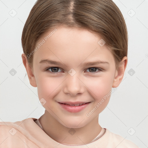 Joyful white child female with short  brown hair and brown eyes