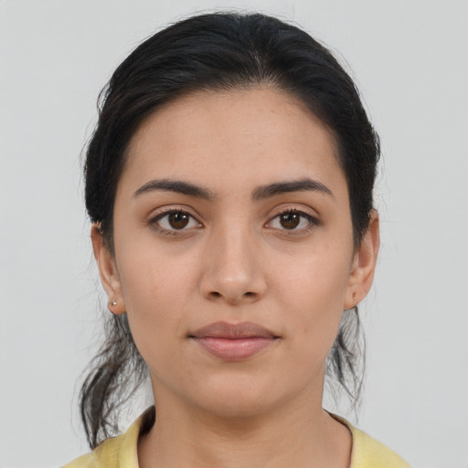 Neutral asian young-adult female with medium  black hair and brown eyes