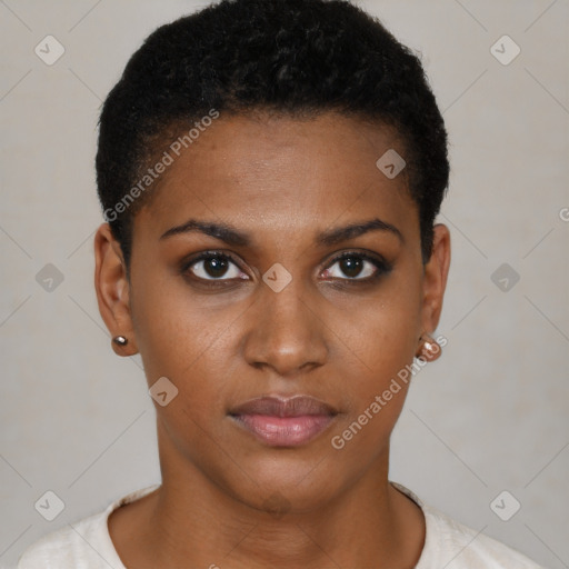 Neutral black young-adult female with short  black hair and brown eyes