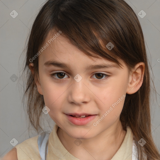 Joyful white child female with medium  brown hair and brown eyes