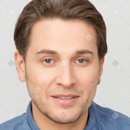 Joyful white young-adult male with short  brown hair and grey eyes