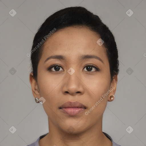 Neutral asian young-adult female with short  brown hair and brown eyes