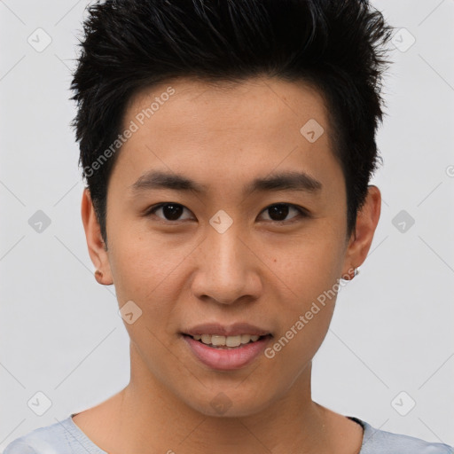 Joyful asian young-adult male with short  black hair and brown eyes