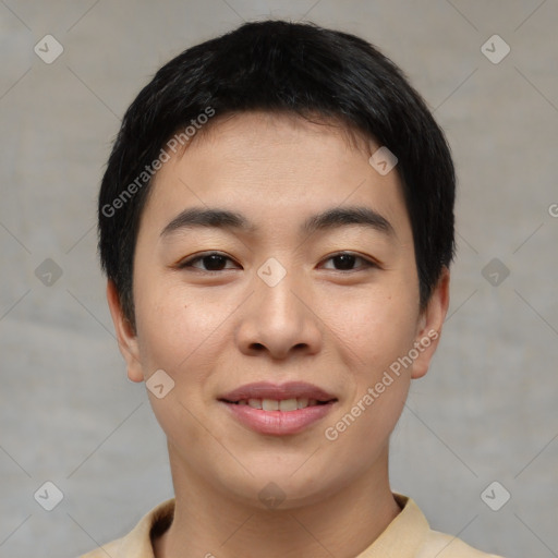 Joyful asian young-adult male with short  black hair and brown eyes