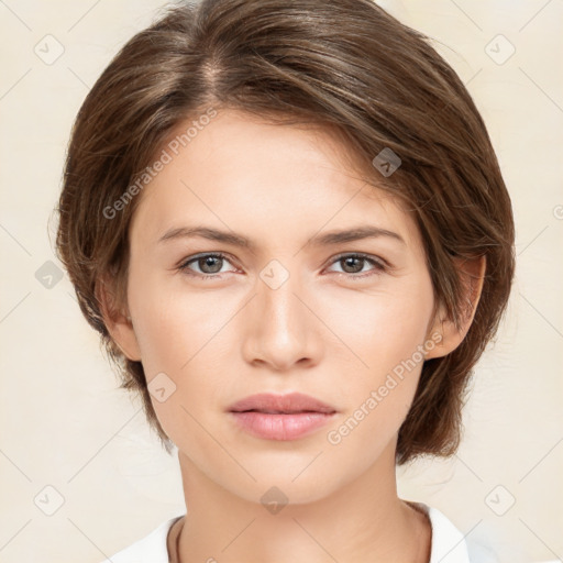 Neutral white young-adult female with medium  brown hair and brown eyes