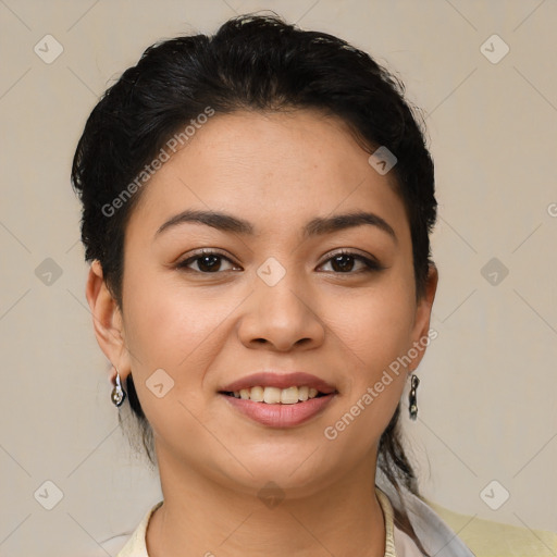 Joyful latino young-adult female with short  brown hair and brown eyes