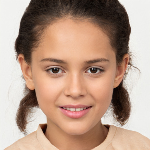 Joyful white child female with medium  brown hair and brown eyes