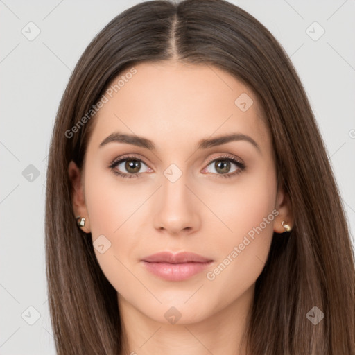 Neutral white young-adult female with long  brown hair and brown eyes