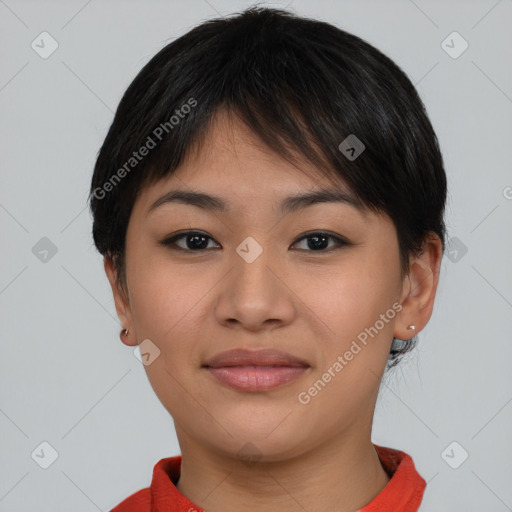 Joyful asian young-adult female with short  brown hair and brown eyes