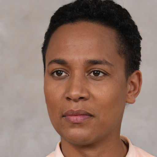 Neutral black young-adult female with short  black hair and brown eyes