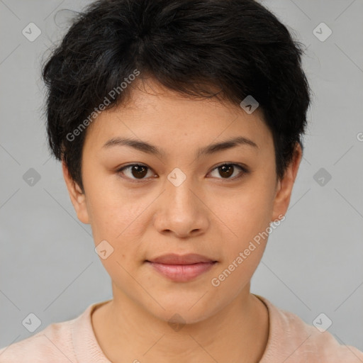 Neutral asian young-adult female with short  brown hair and brown eyes