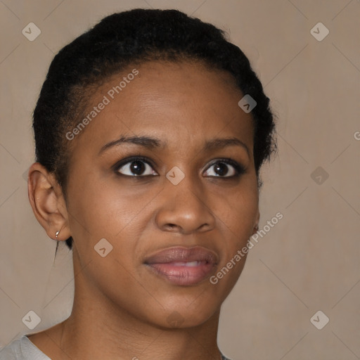 Joyful black young-adult female with short  brown hair and brown eyes