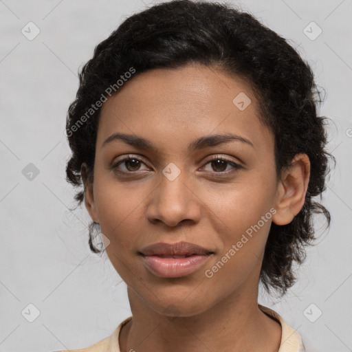 Joyful latino young-adult female with medium  black hair and brown eyes