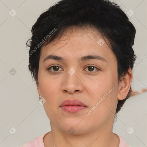 Neutral asian young-adult female with short  brown hair and brown eyes