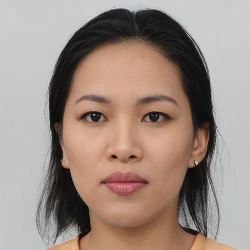 Neutral asian young-adult female with medium  black hair and brown eyes