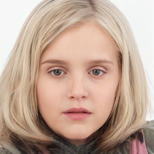 Neutral white child female with long  brown hair and grey eyes