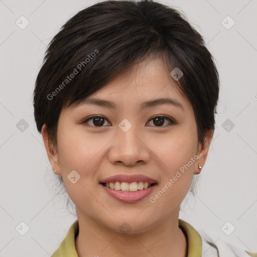 Joyful white young-adult female with medium  brown hair and brown eyes