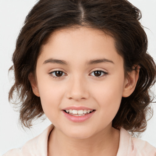 Joyful white child female with medium  brown hair and brown eyes