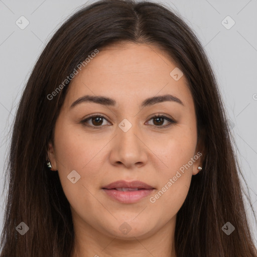 Joyful white young-adult female with long  brown hair and brown eyes