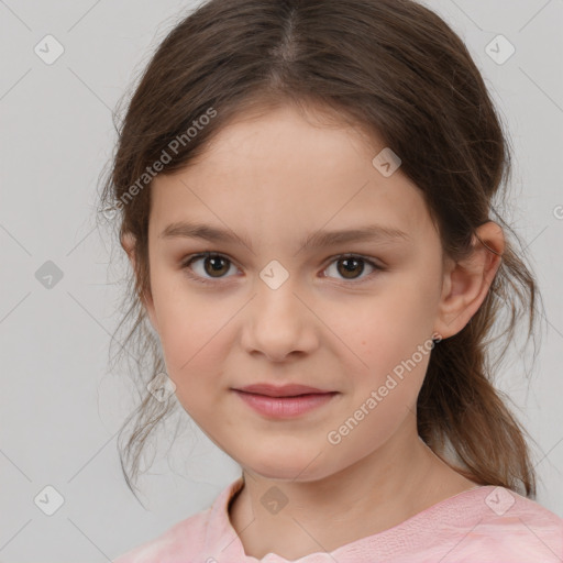 Joyful white child female with medium  brown hair and brown eyes