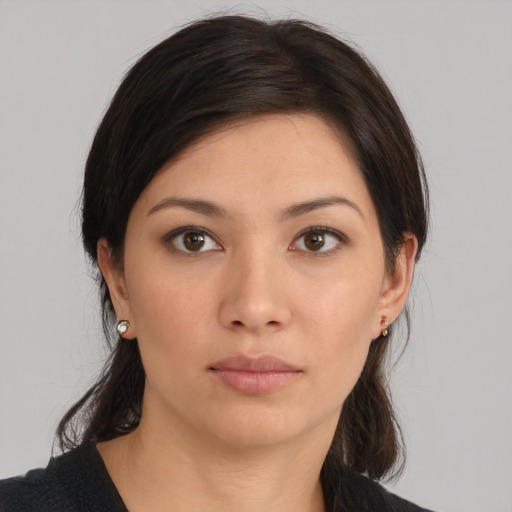 Neutral asian young-adult female with medium  brown hair and brown eyes