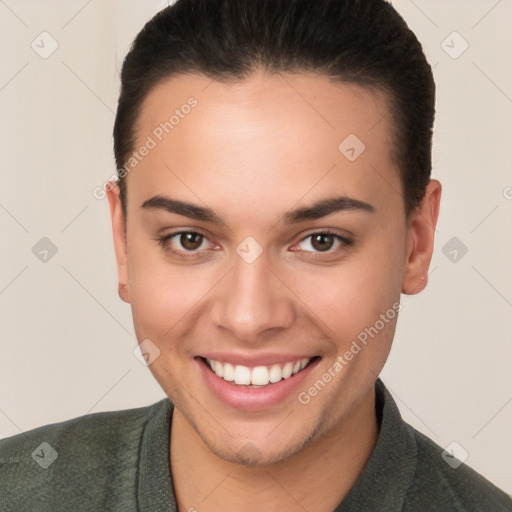 Joyful white young-adult female with short  brown hair and brown eyes