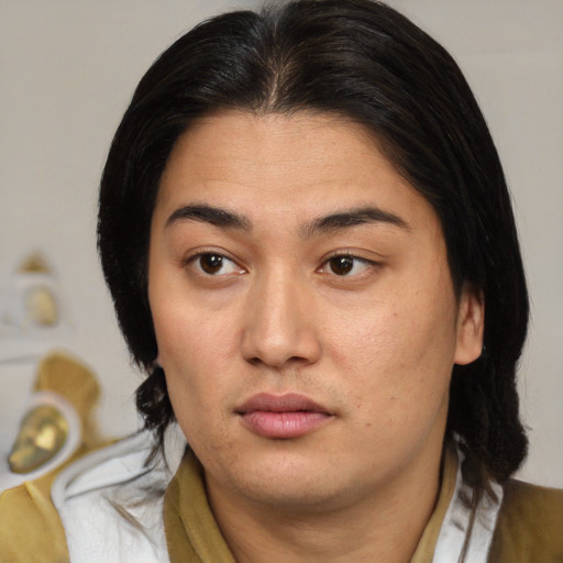 Neutral asian young-adult female with medium  brown hair and brown eyes