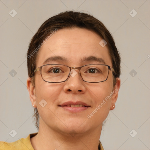 Joyful white adult female with short  brown hair and brown eyes