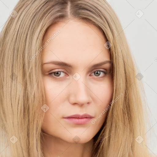 Neutral white young-adult female with long  brown hair and brown eyes