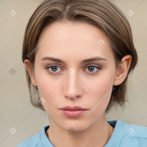 Neutral white young-adult female with medium  brown hair and grey eyes