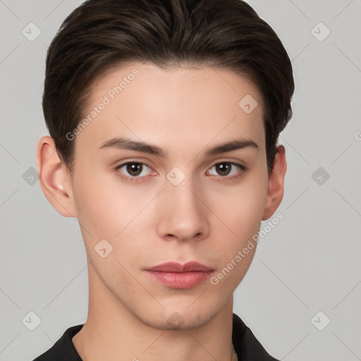 Neutral white young-adult male with short  brown hair and brown eyes