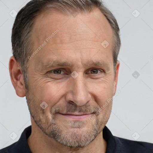 Joyful white middle-aged male with short  brown hair and brown eyes