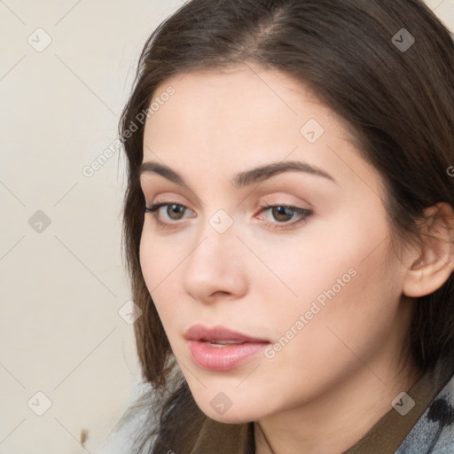 Neutral white young-adult female with medium  brown hair and brown eyes