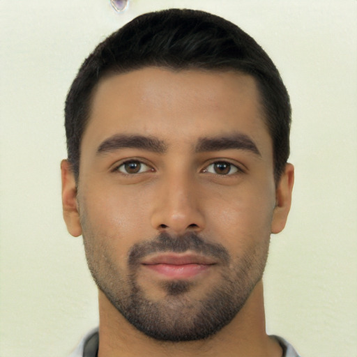 Neutral latino young-adult male with short  black hair and brown eyes