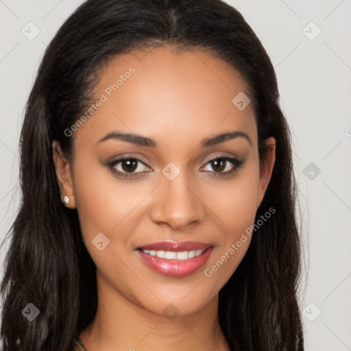 Joyful latino young-adult female with long  brown hair and brown eyes