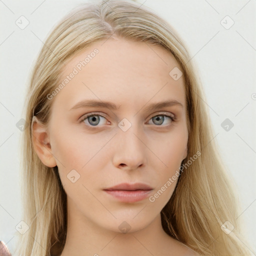 Neutral white young-adult female with long  brown hair and blue eyes