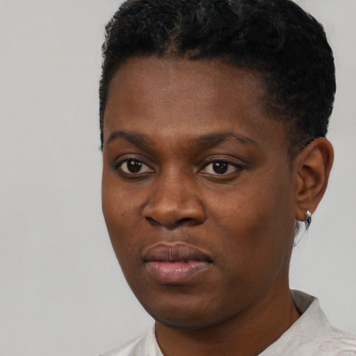 Joyful black young-adult female with short  black hair and brown eyes