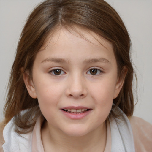 Joyful white child female with medium  brown hair and brown eyes