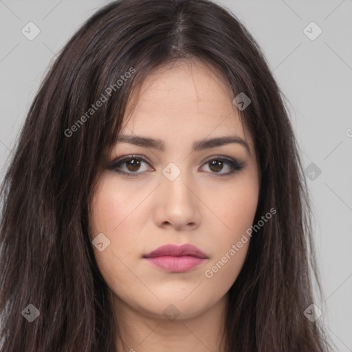 Neutral white young-adult female with long  brown hair and brown eyes