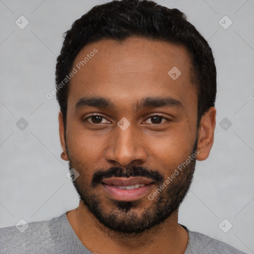 Neutral black young-adult male with short  black hair and brown eyes