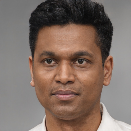 Neutral latino adult male with short  black hair and brown eyes
