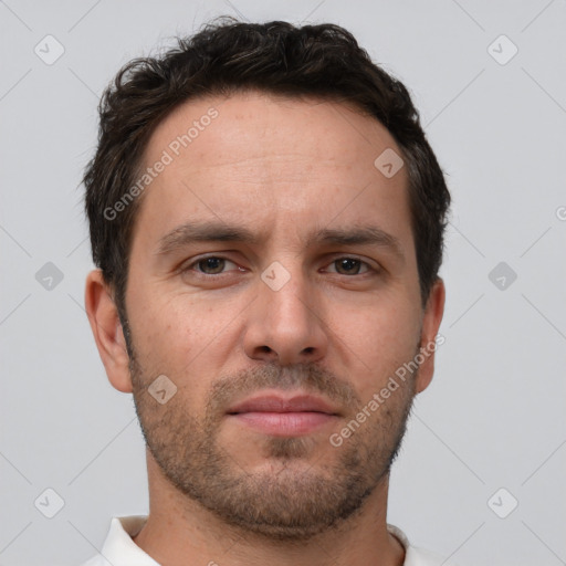 Neutral white adult male with short  brown hair and brown eyes