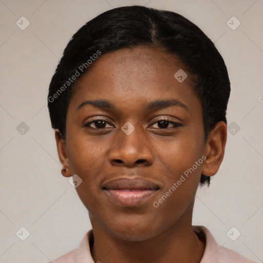 Joyful latino young-adult female with short  black hair and brown eyes